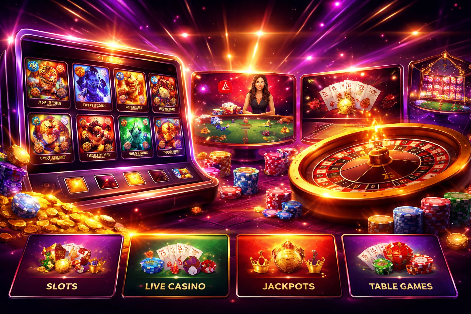 Digital casino categories display featuring slots live tables and classic game options on CW52