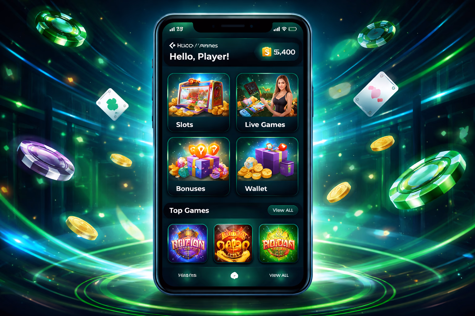 Android phone displaying the CW52 app dashboard with live casino and slot sections highlighted in a premium mobile layout