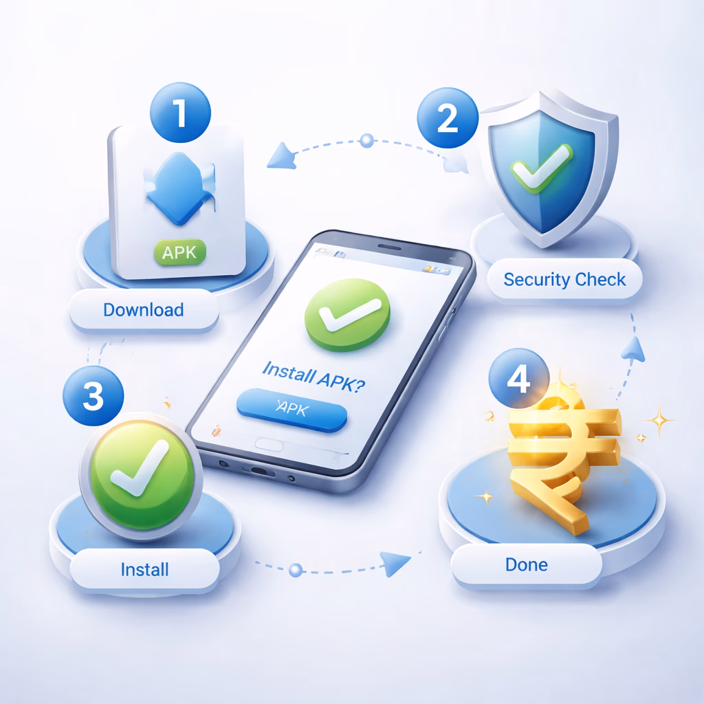 Step-by-step mobile installation concept for the CW52 app shown on a smartphone with download and security icons