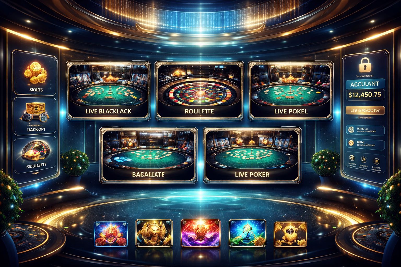 Stylish digital casino lobby with live table screens and glowing interface elements representing CW52 trust and excitement