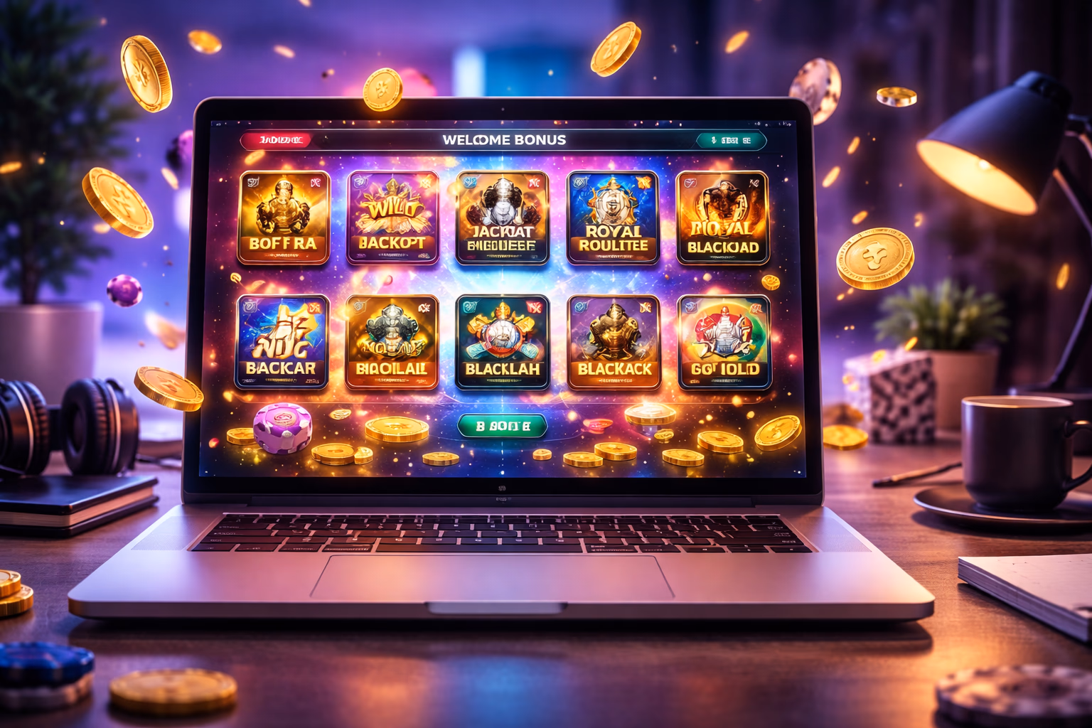 Laptop displaying a vivid CW52 game lobby with slot reels, table icons, and glowing bonus visuals