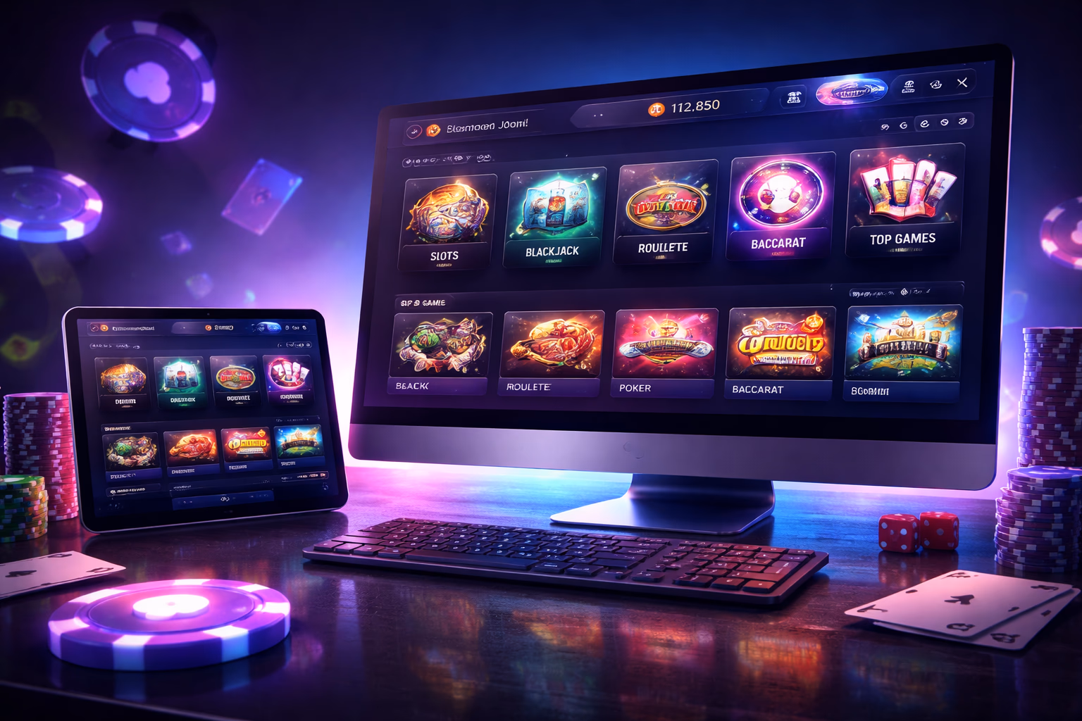 Modern gaming setup showing a user browsing CW52 titles with neon lighting and polished casino interface