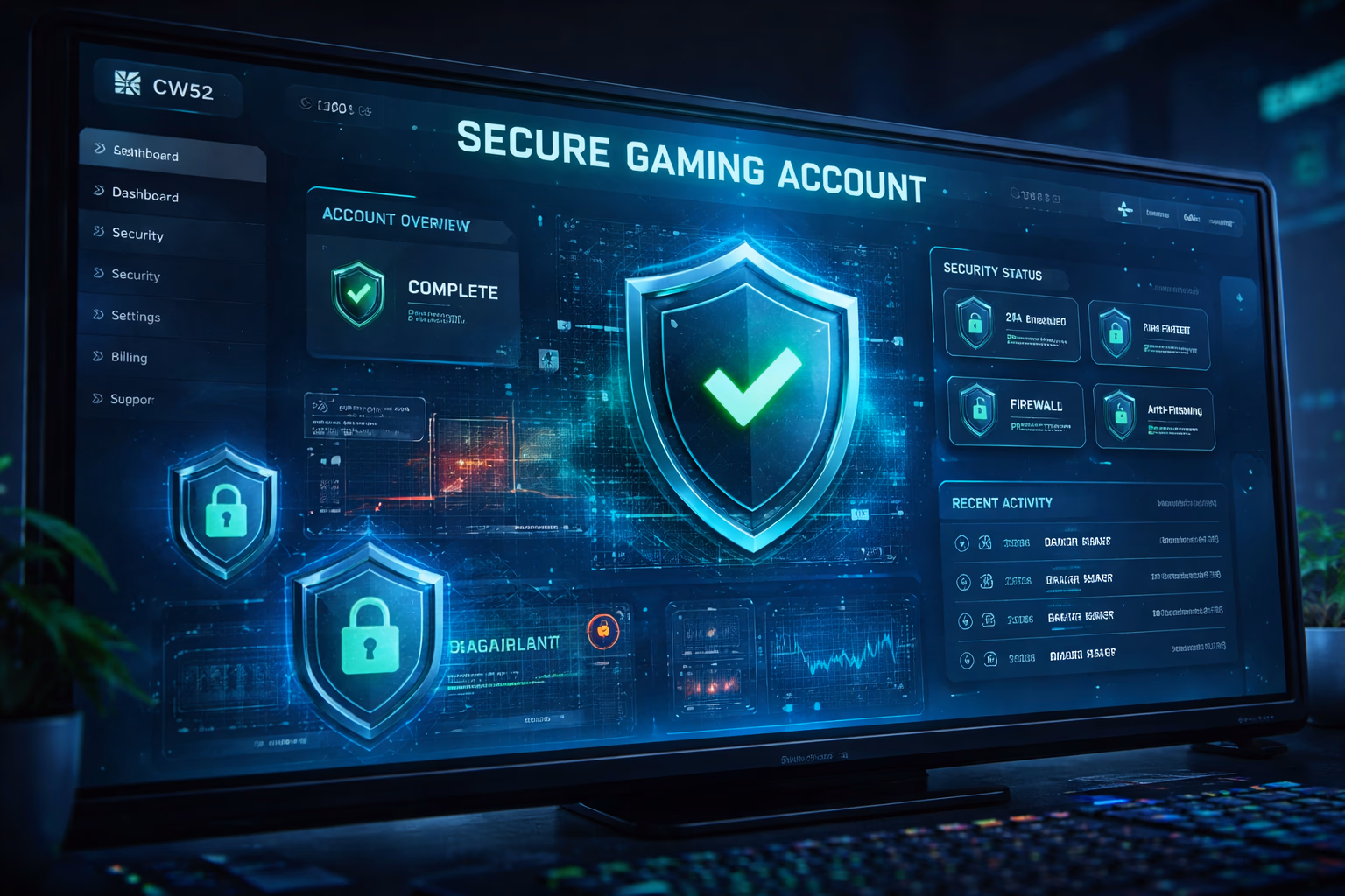 Protected CW52 account shield visual with encrypted login theme and premium digital gaming backdrop